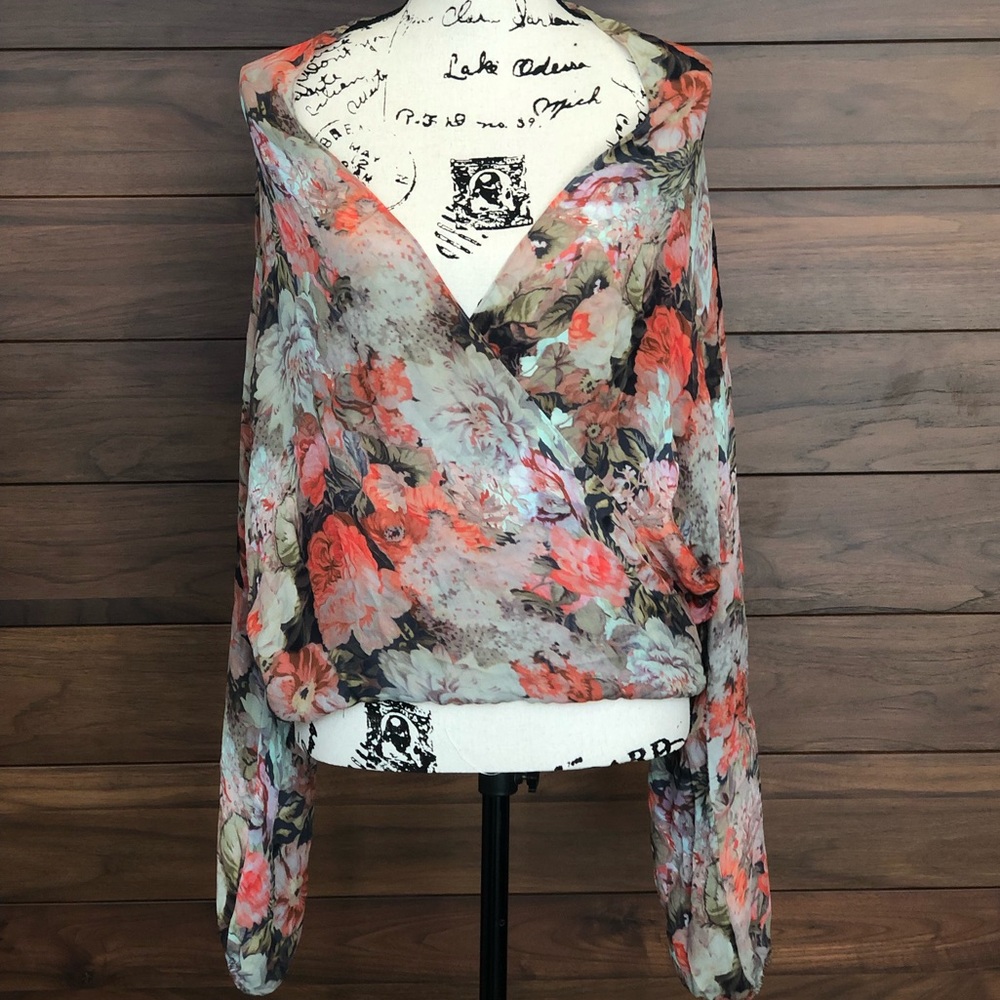 Faux-Wrap Silk Floral long Sleeve Blouse